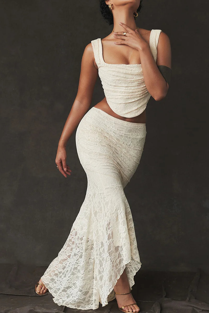 Elegant Lace-Up Crop Top & Maxi Skirt Boho Dress