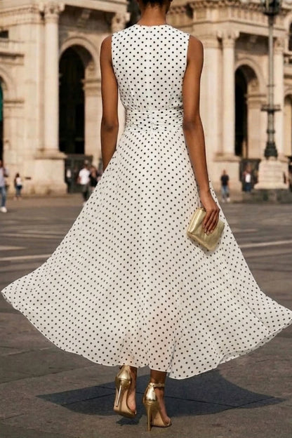 Polka Dot Print Round Neck Sleeveless Pleated Waist Casual Maxi Dress