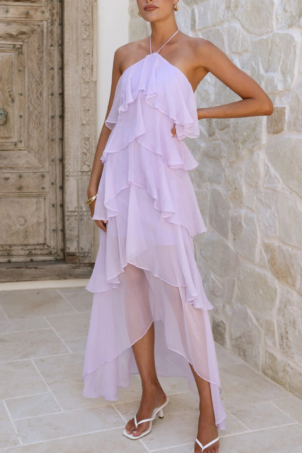 Solid Color Chiffon Halter Neck Elegant Ruffle Maxi Dress