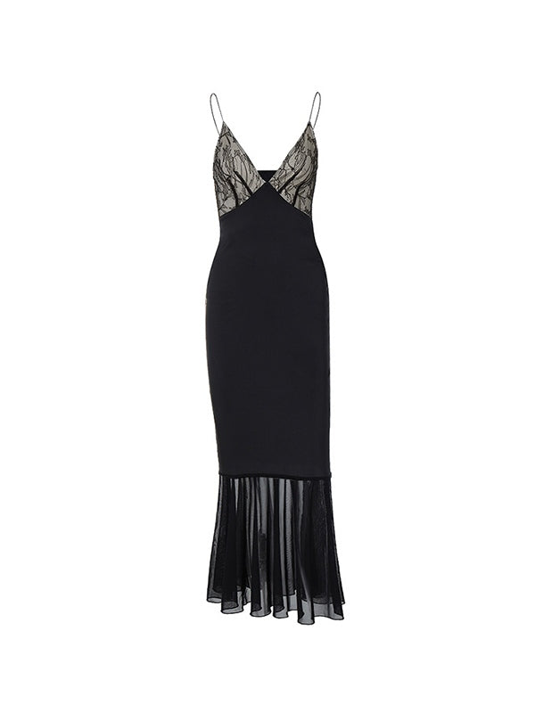 Splice Lace Mesh Hem Maxi Dress