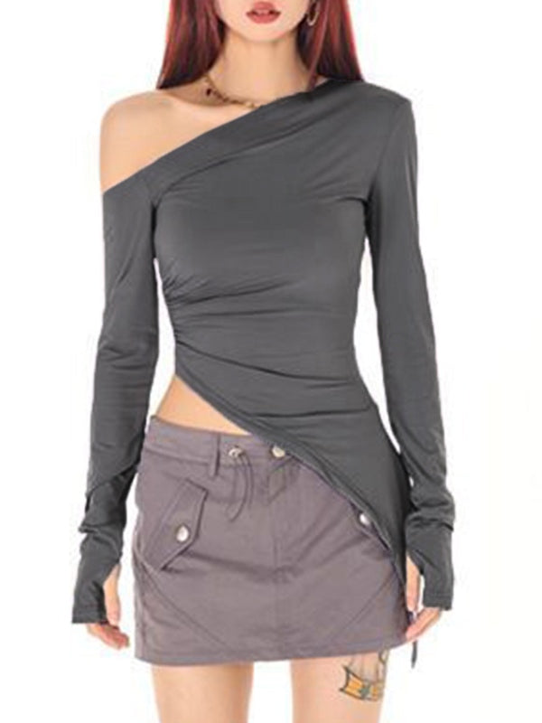 Slanted Shoulder Ruched Irregular Hem Long Sleeve Tee