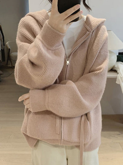 Solid Hooded Zip Up Knit Cardigan