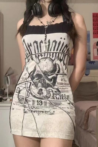 Punk Skull Patch Strap Bodycon Mini Dress