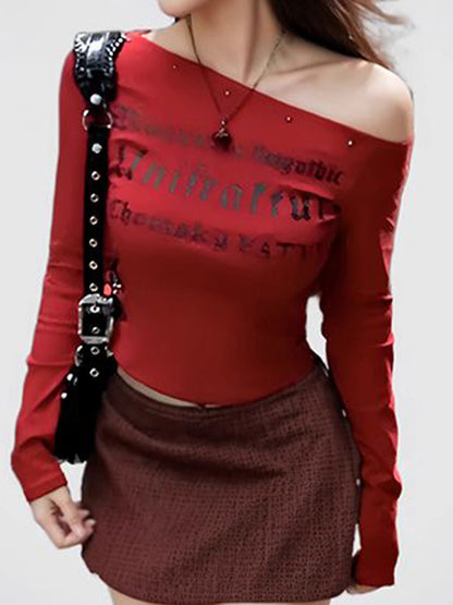 One Shoulder Lettering Long Sleeve Tee