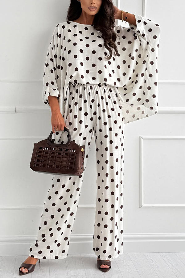 Verne Linen Blend Polka Dot Batwing Sleeve Top and Elastic Waist Pocket Loose Pants Set