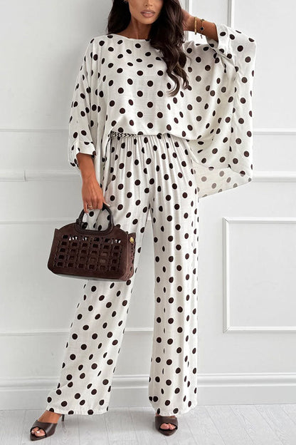 Verne Linen Blend Polka Dot Batwing Sleeve Top and Elastic Waist Pocket Loose Pants Set