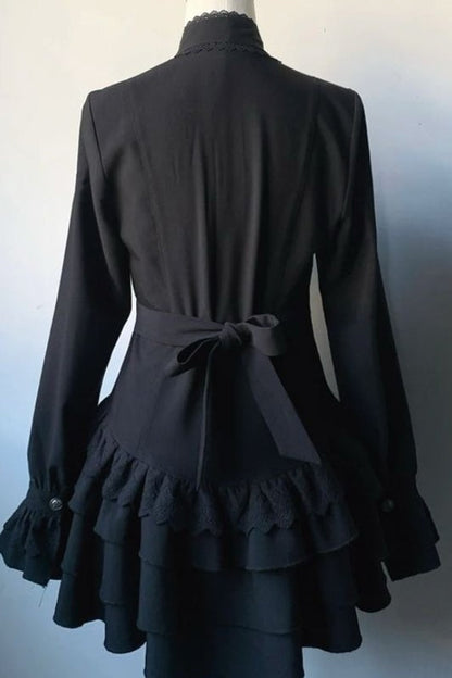Dark Lace Patchwork Button Front Ruffle Mini Dress