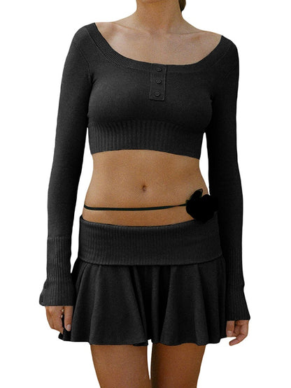Solid Color Breasted Crop Turned Waist Knit Two Piece