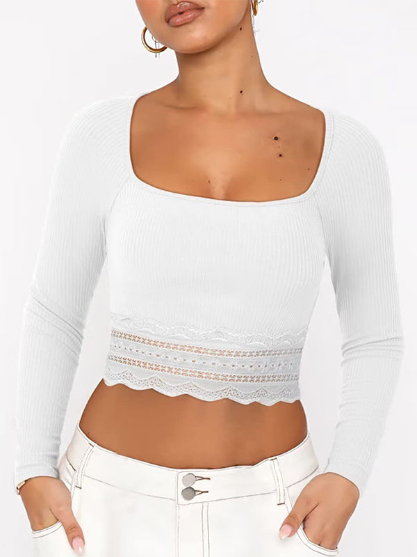 Solid Color Lace Hem Square Neck Crop Long Sleeve Knit