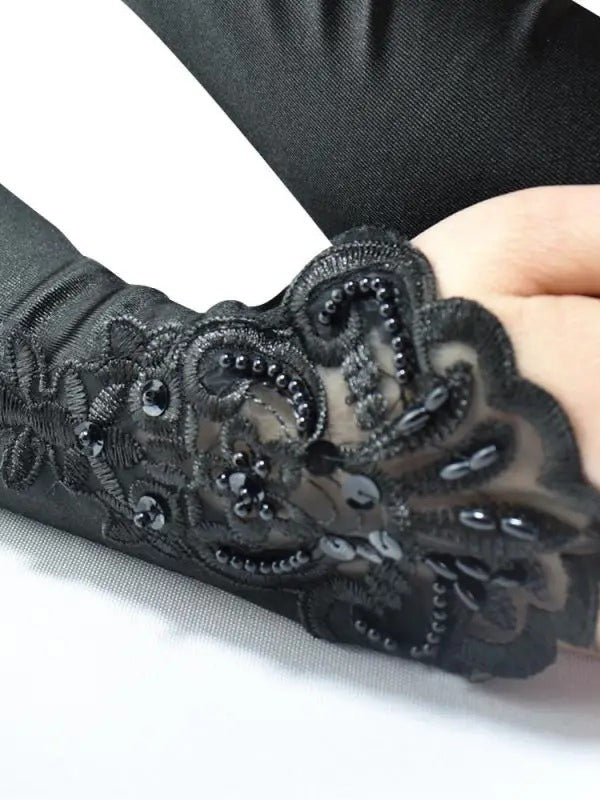 Beaded Embroidered Satin Fingerless Gloves