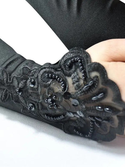 Beaded Embroidered Satin Fingerless Gloves