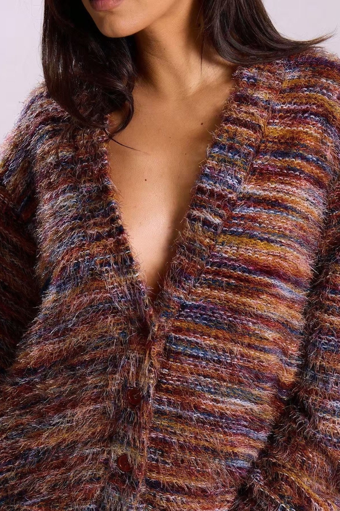 Retro Striped Fashionable Oversized Fleece Long Sleeve Knit Cardigan