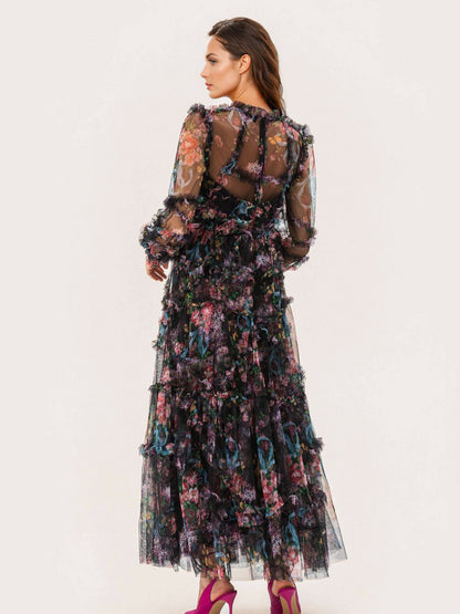 Party Dress Ruffles Layered Illusion Sleeves Elegant Folklore Long Dress