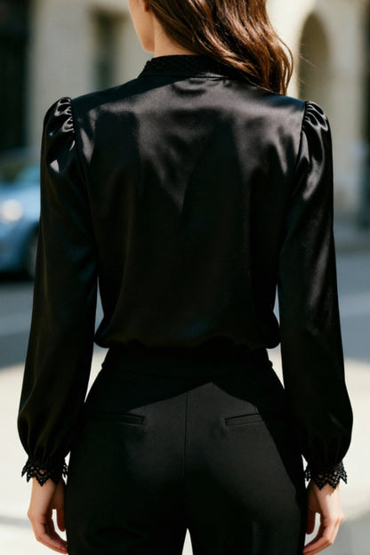 Solid Color Satin Lace Patchwork Casual Long-sleeved Shirt