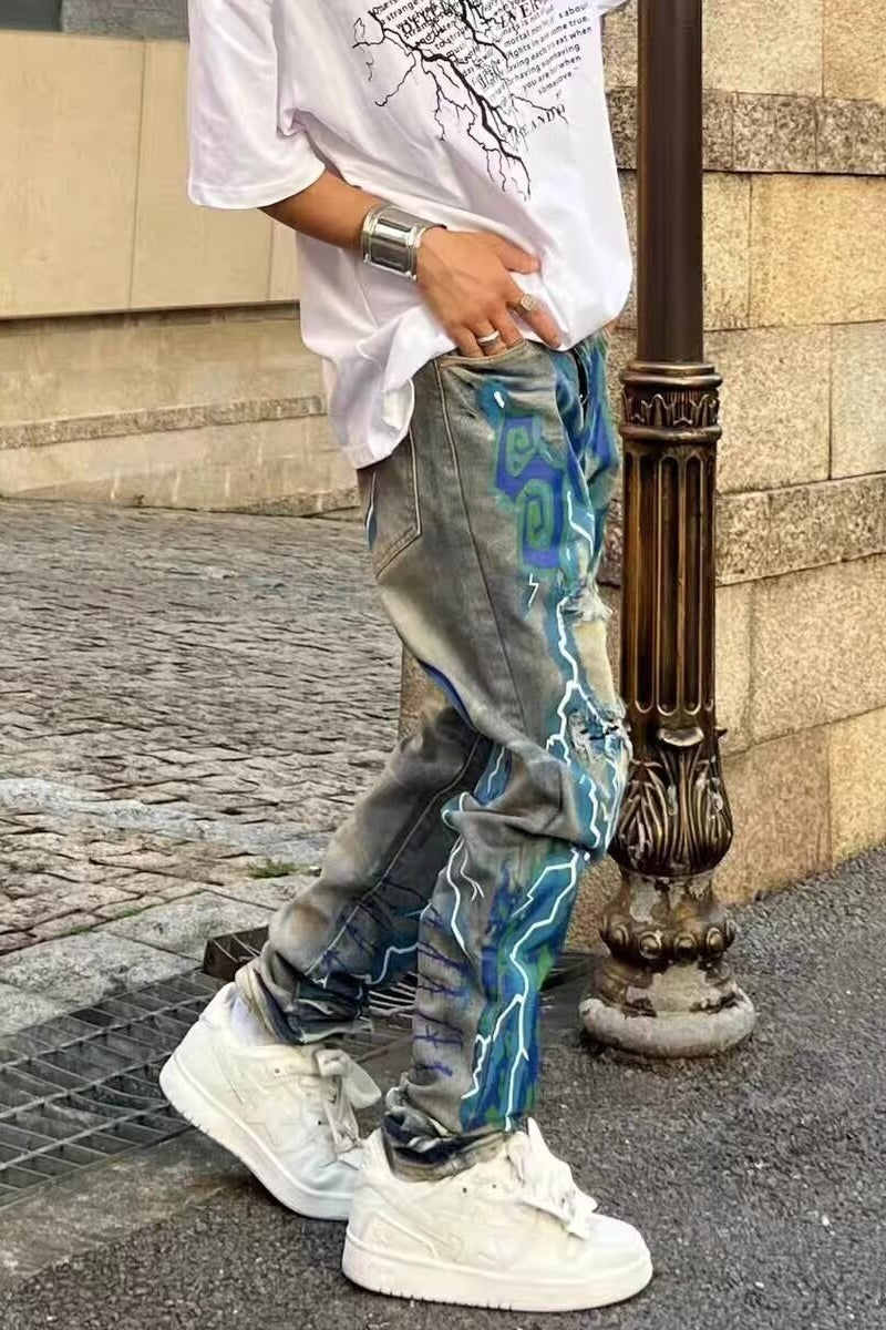 Ripped Printed Stretch Slim Denim Pants