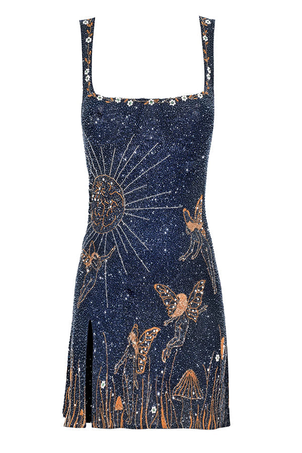 Starry Sky Element Design Magical Night Sky Shining Pattern Square Neck Split Mini Dress