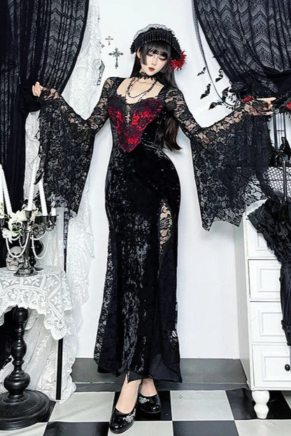 2000s Vintage Gothic Chain Lace Splicing Maxi Dress