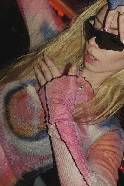 Round Neck Long Sleeve Print Mesh Top