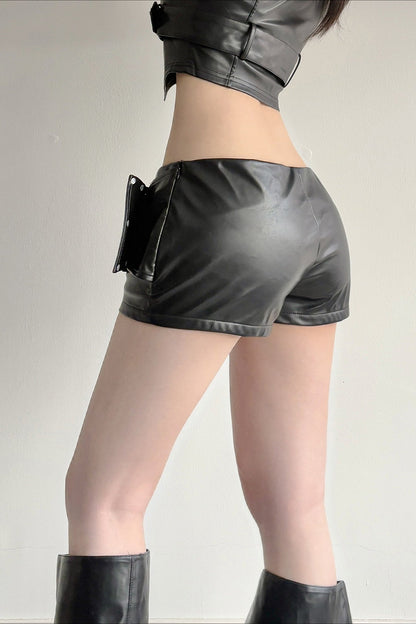Low Waist Punk Rivet Belt Leather Shorts