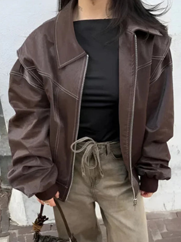 Loose long sleeve vintage leather jacket