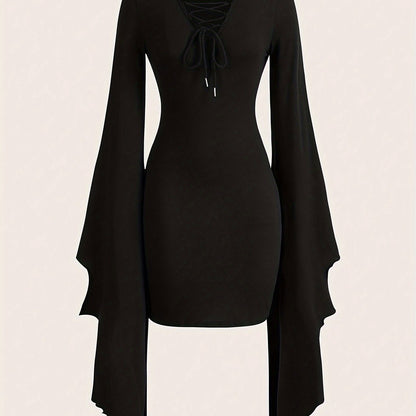 V Neck Asymmetrical Lace Dress Lace Up V Neck Asymmetrical Dress, Y2K Long Sleeve Dress For & Fall, Clothing