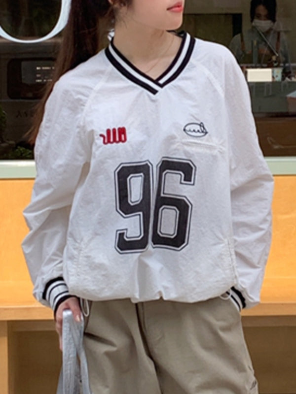 Number Print V Neck Thin Sweatshirt