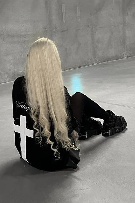 Y2K Gothic Punk Sticker Print Knit Top