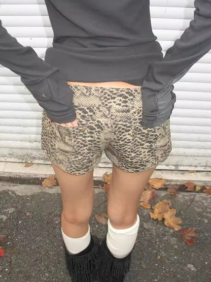 Washed Leopard Print Straps Denim Shorts