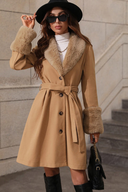 Plush Paneled Notch Collar Button Mid-Length Tie Waist Coat
