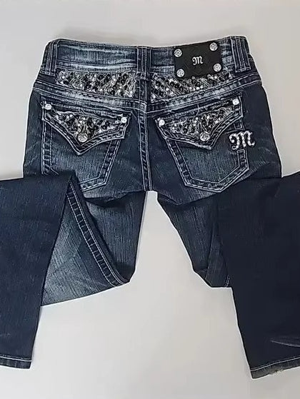 Edgy Y2K Vintage Sequin Low-Rise Denim Pants