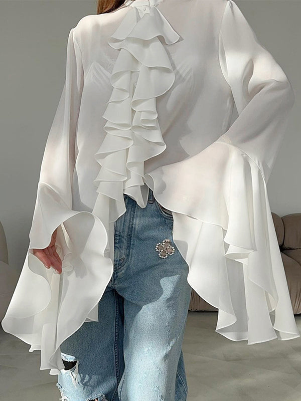 Round Neck Trumpet Sleeve Ruffled Chiffon Shirt
