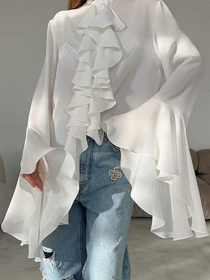 Round Neck Trumpet Sleeve Ruffled Chiffon Shirt