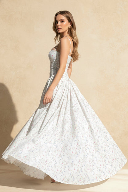 Chiffon Pleated Floral Off Shoulder Maxi Dress