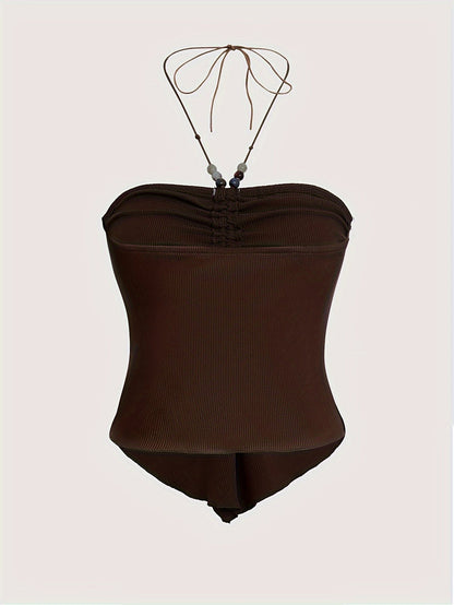 Solid Color Stretchy Polyester Blend Halter Neck Top - Y2K-Inspired Beaded Detail, Perfect for All Seasons