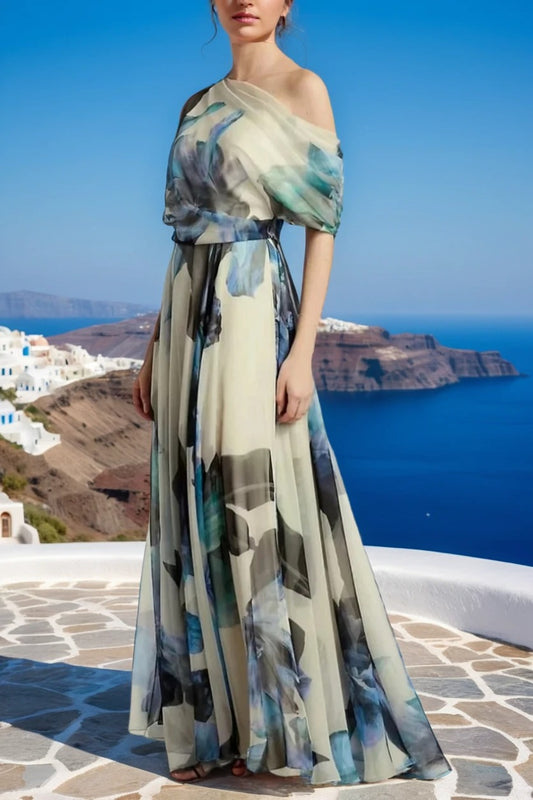 Ladies' French Sky Blue Asymmetric Printed Chiffon Long Skirt Summer