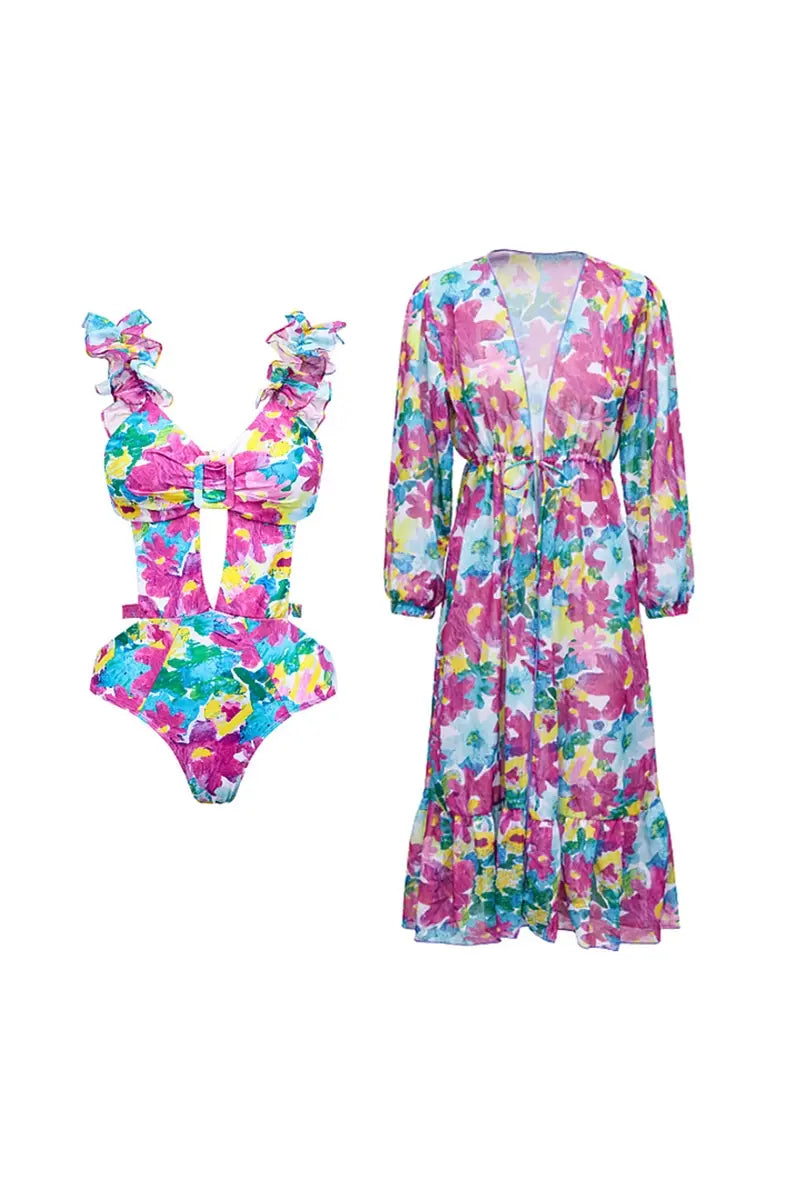 Conjunto de traje de baño de una pieza con recortes y cubierta