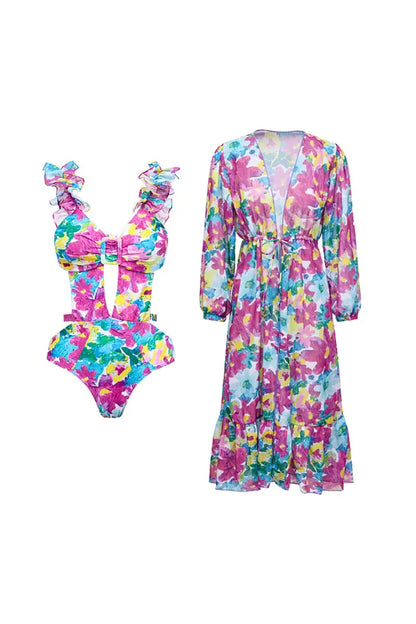 Conjunto de traje de baño de una pieza con recortes y cubierta