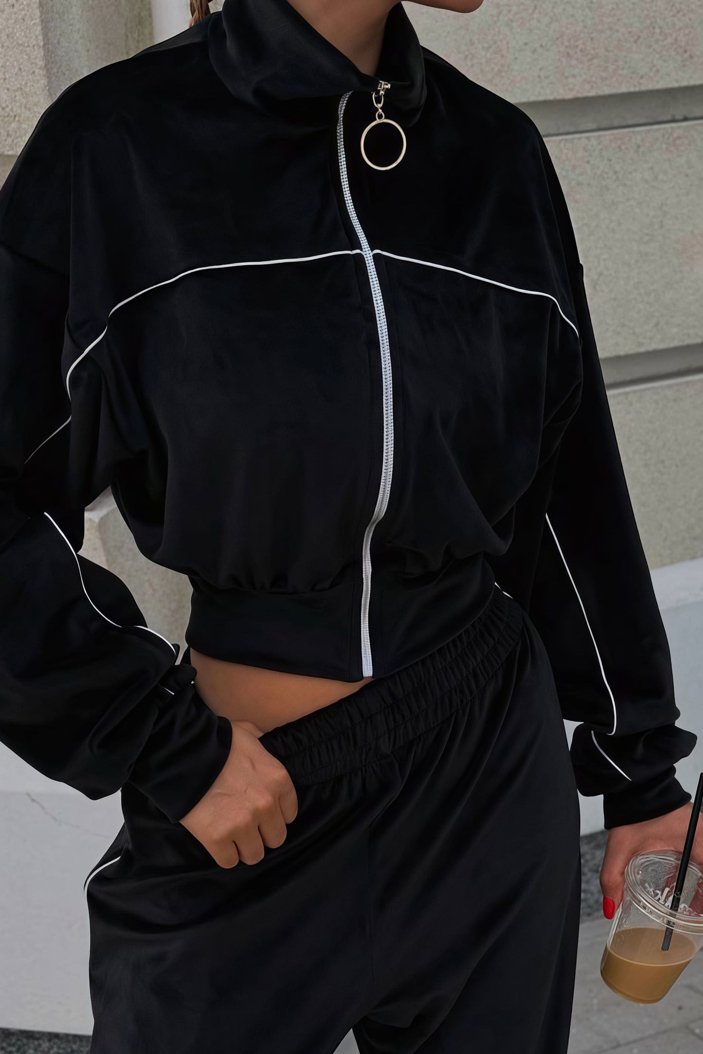 Athletic Velvet Collar Zipper Long Sleeve Two Piece Set