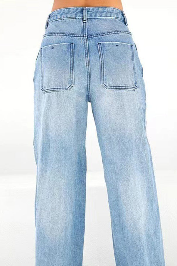 Casual High Waist Washed Straight Jeans