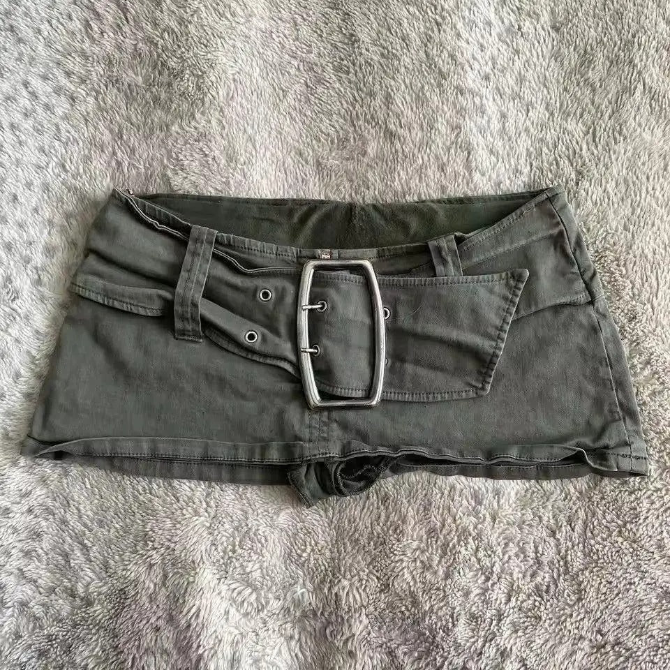 Army Green Low Rise Mini Denim Skirt
