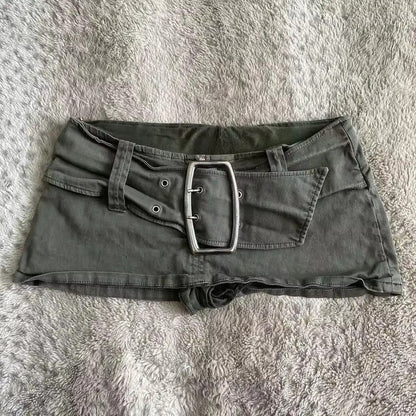 Army Green Low Rise Mini Denim Skirt