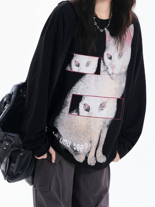 Y2K Goth Cat Print Oversized Knit Top