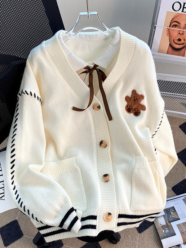 Preppy Bear Embroidery Seam Detail V Neck Knit Cardigan