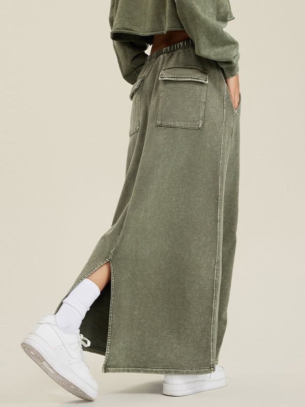 Washed Back Slit Baggy Maxi Skirt