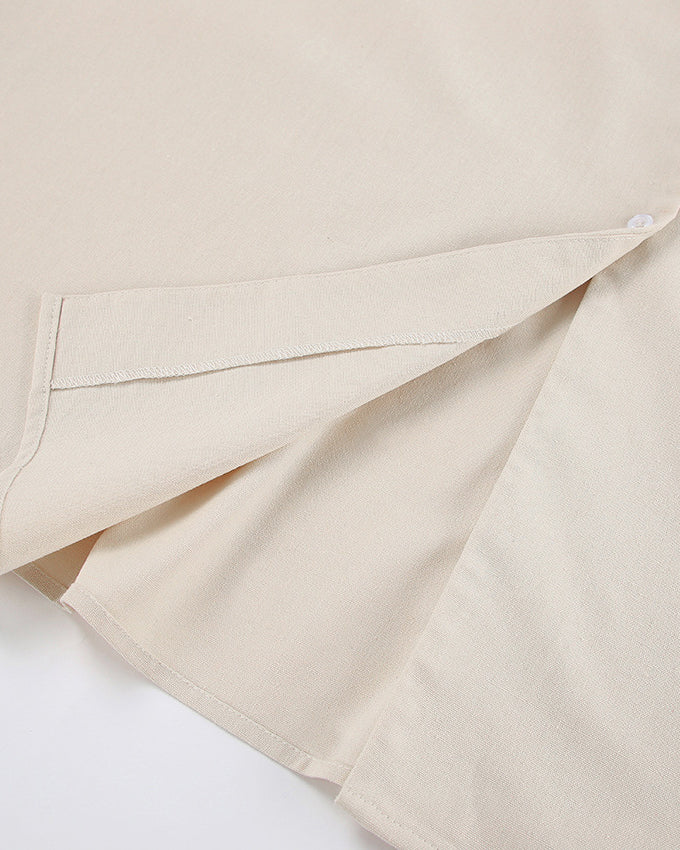 Cotton and Linen V Neck Puff Sleeve Backless Dress