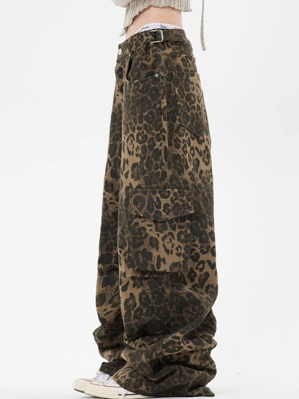 Leopard Print Pocket Overalls Cargo Jeans