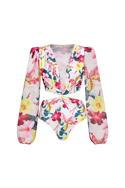 3D Floral Cutout Swimsuit One Piece Set
