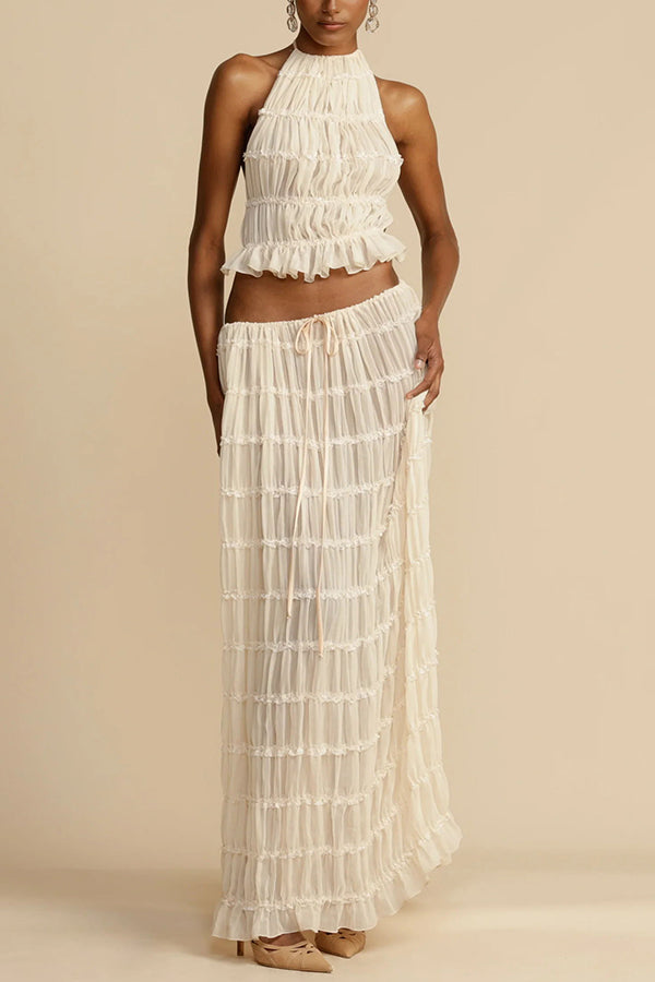 Versatile retro charm pleated drawstring waistline long skirt set