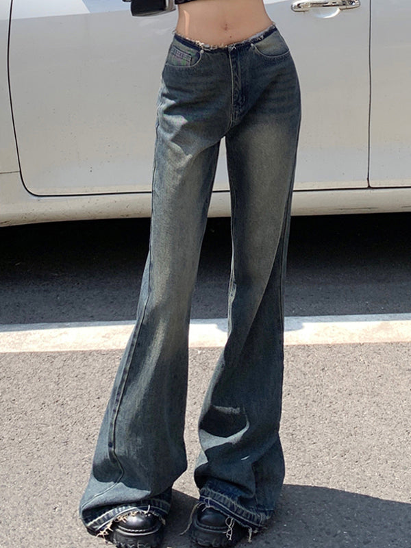 Low rise raw edge loose floor mopping Flare Jeans