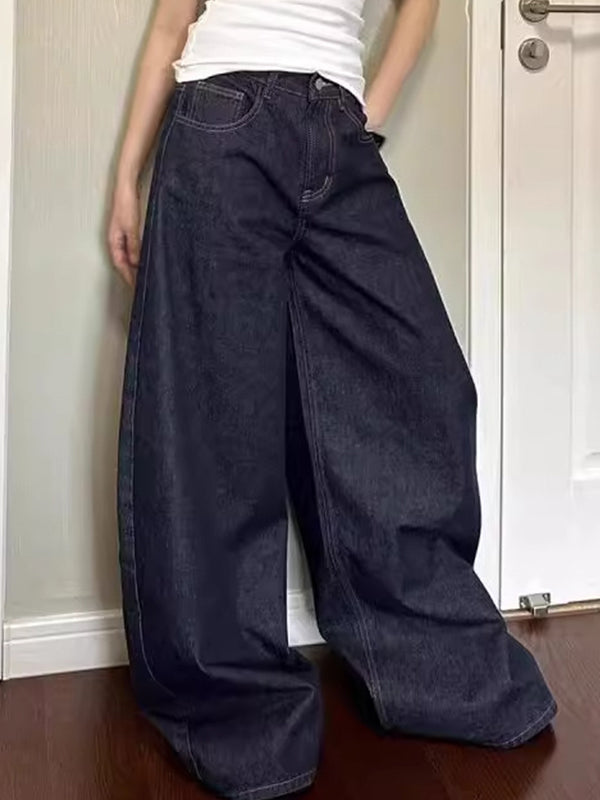 Washed baggy high waist straight mopping jeans